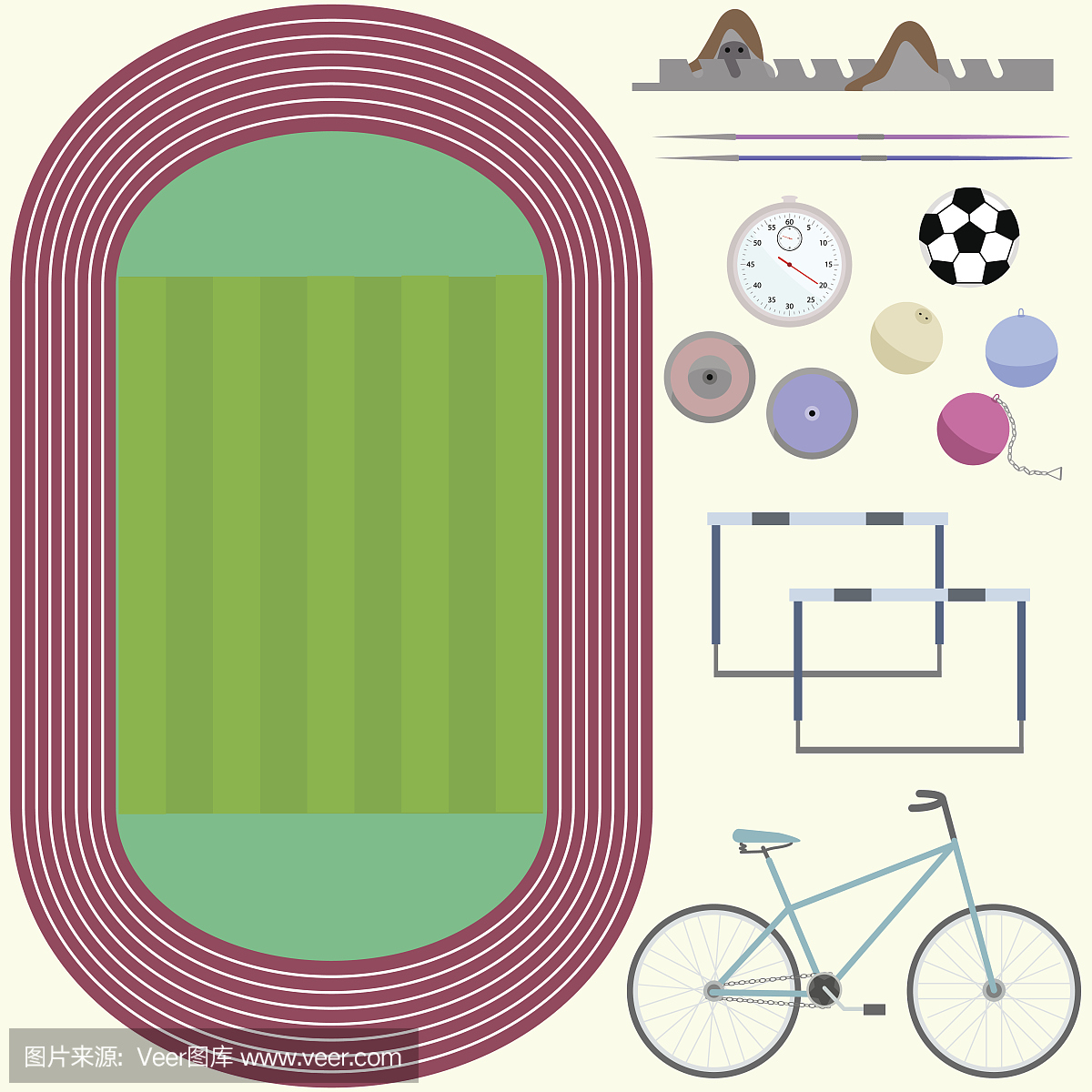体育场,田径家具,自行车,铁饼,矛,足球,秒表,平面
