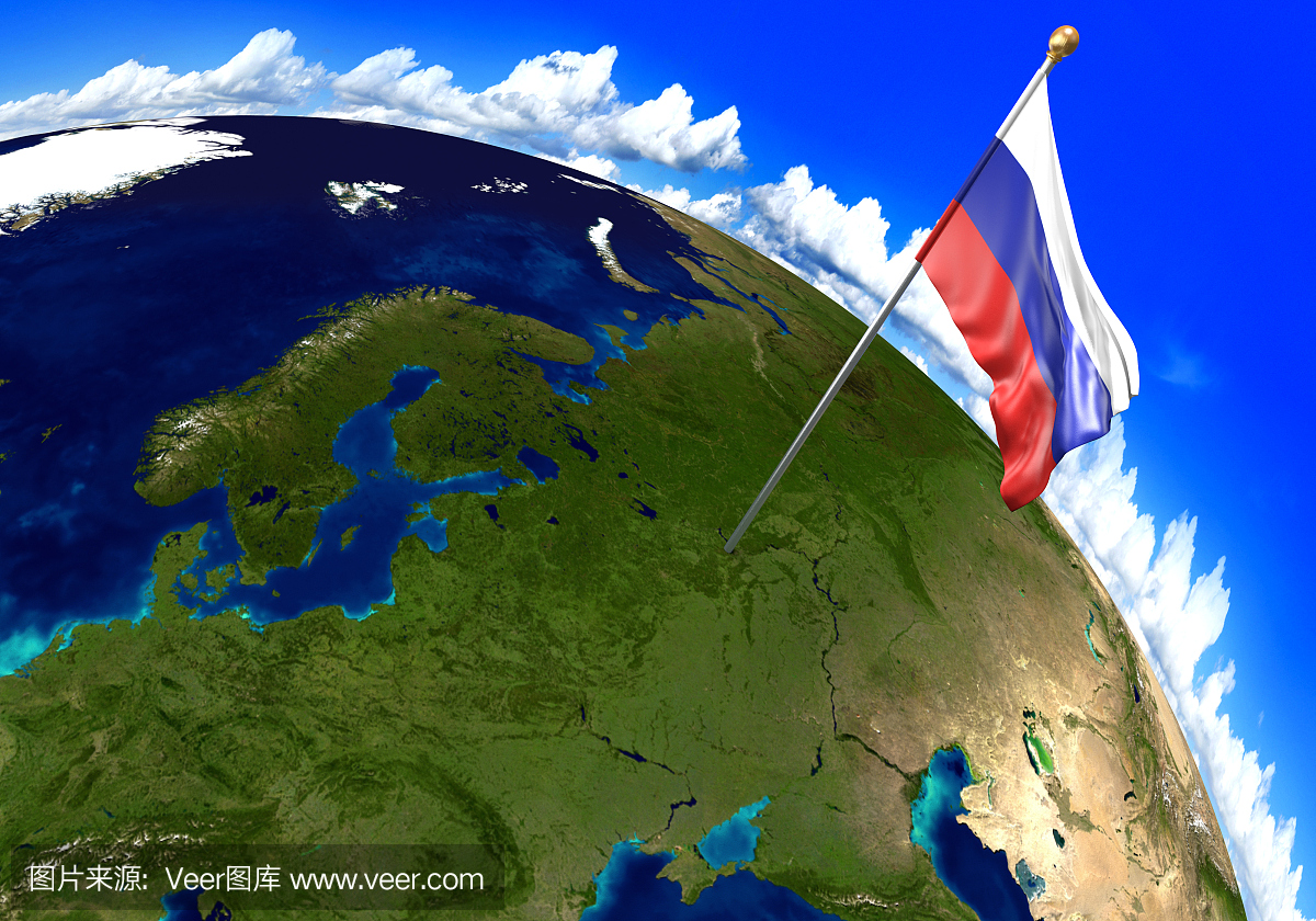 俄罗斯国旗标志着世界地图上的国家位置