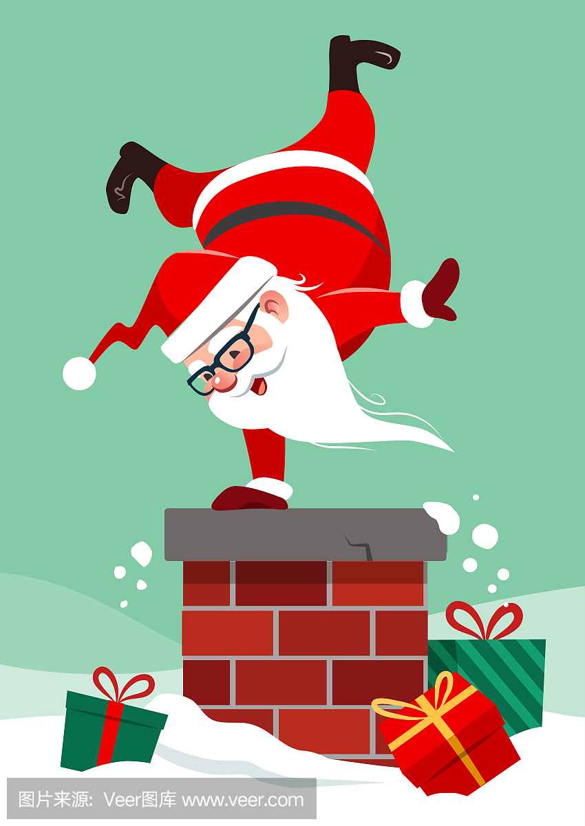 矢量卡通插画的圣诞老人在屋顶上做倒立烟囱,