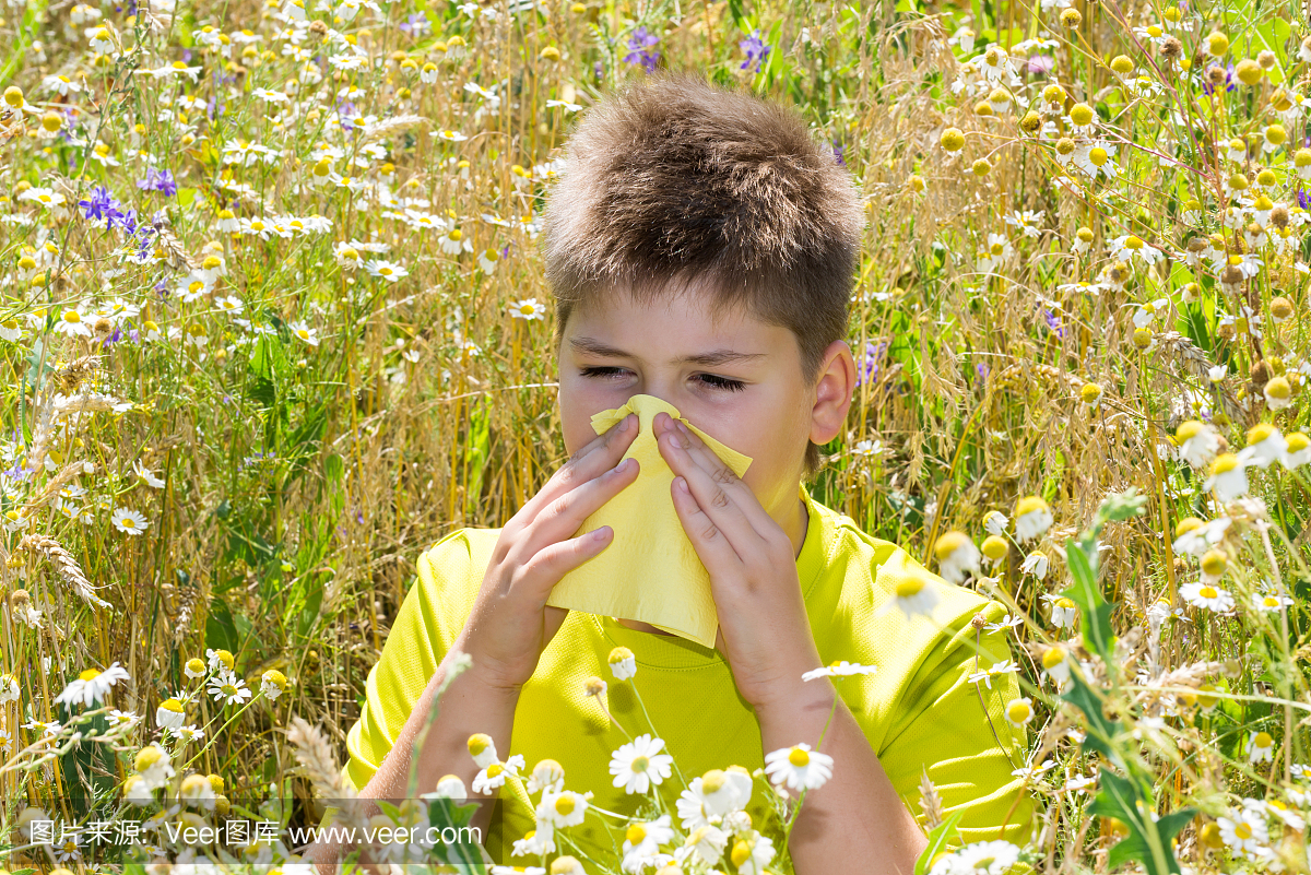 小孩过敏性鼻炎在草地上