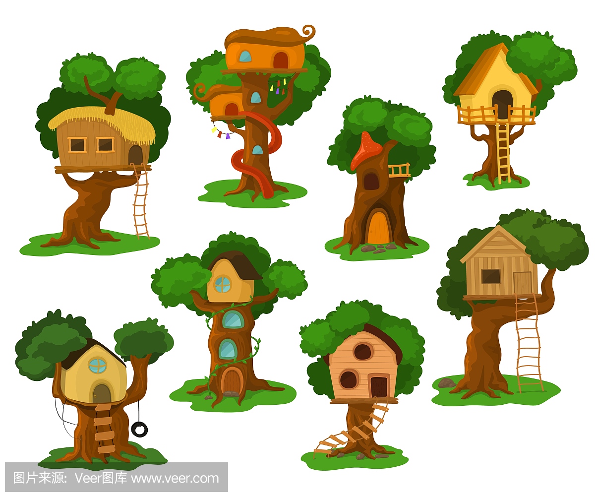 树上的房子矢量木制玩具屋建设橡树上的花园或