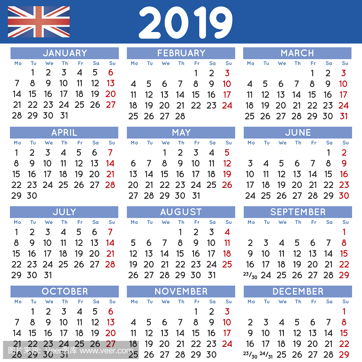 2019年英格兰英国周日历星期一开始