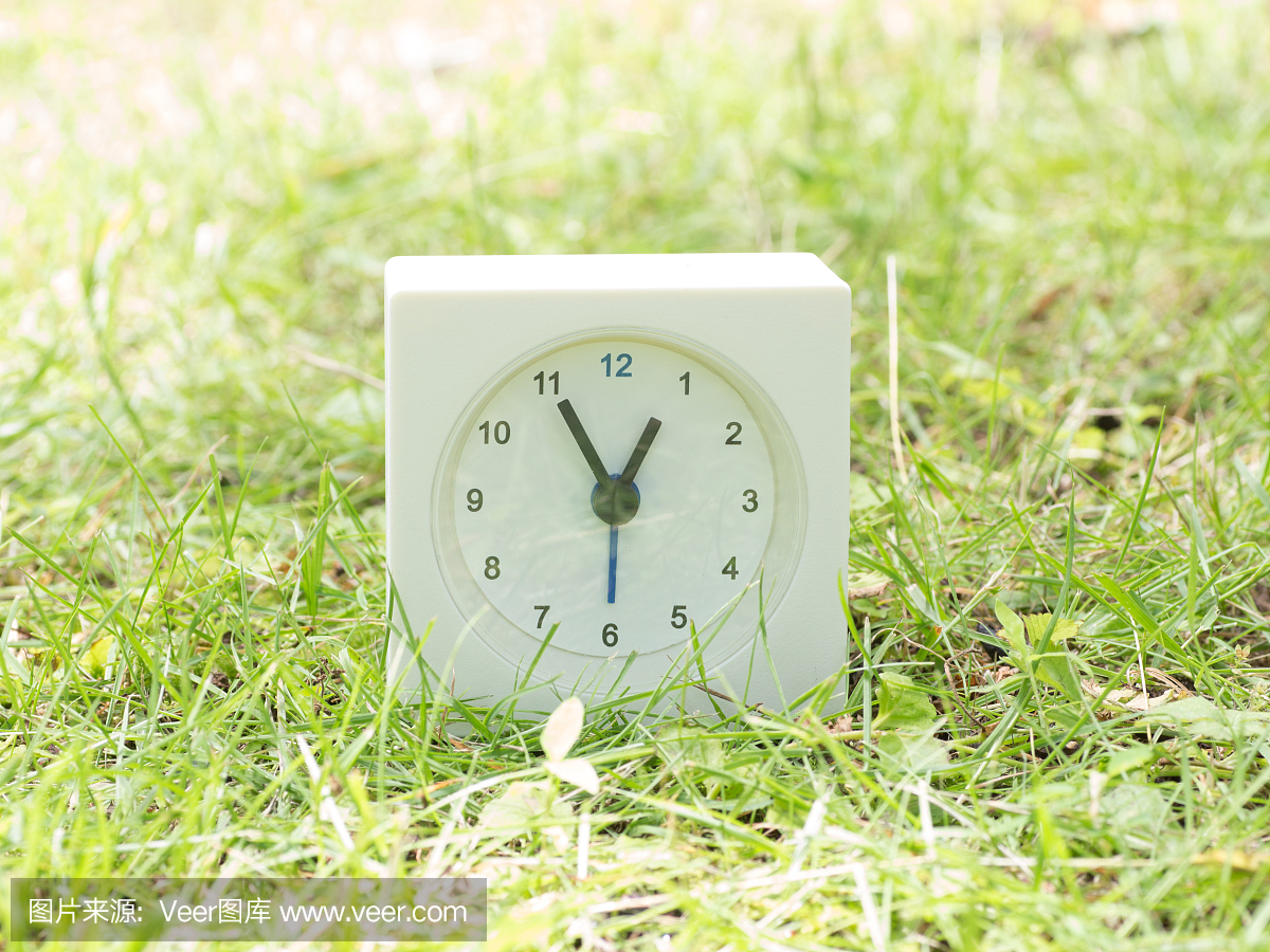 白色简单的时钟在草坪场,12:55十二点五十五点