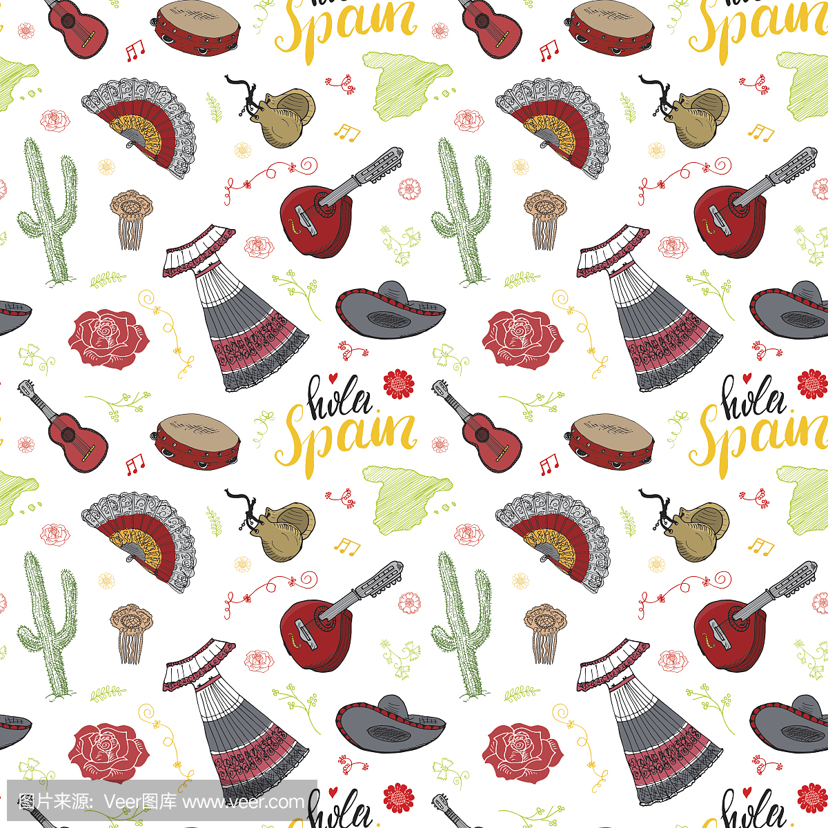 西班牙无缝图案涂鸦元素,手绘草图西班牙传统