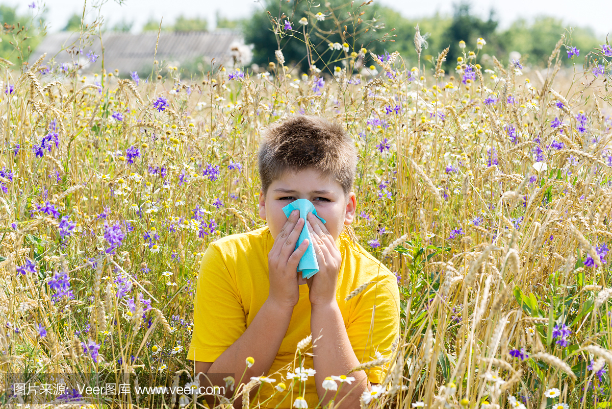 小孩过敏性鼻炎在草地上