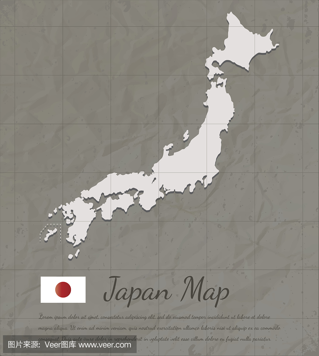 复古日本地图。纸卡地图剪影。向量