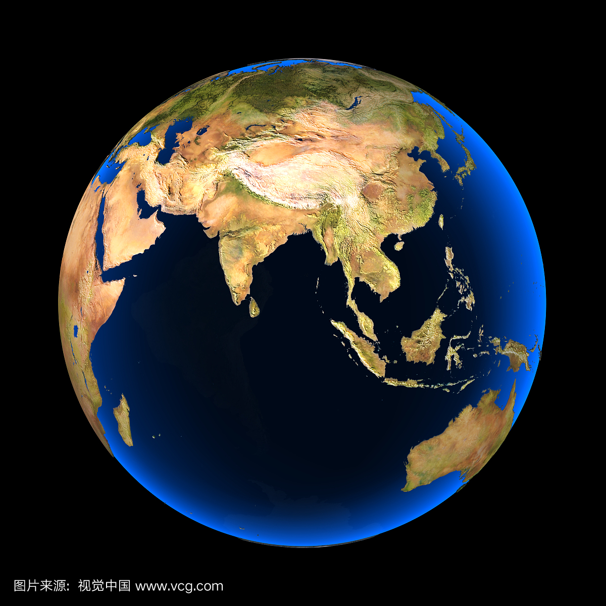 地球显示亚洲和非洲和澳大利亚部分地形,3-D图