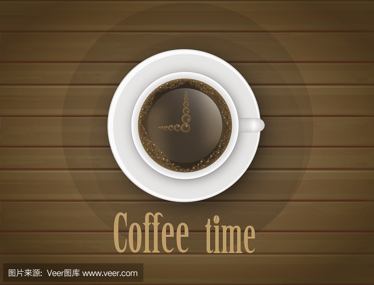 咖啡面上的时钟箭头。咖啡时间概念。