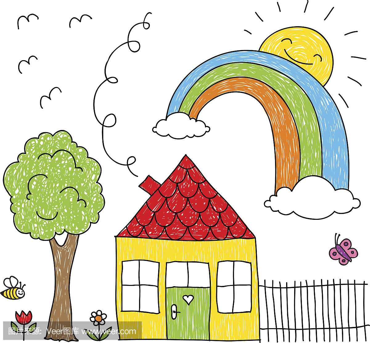 孩子画的房子,彩虹和树