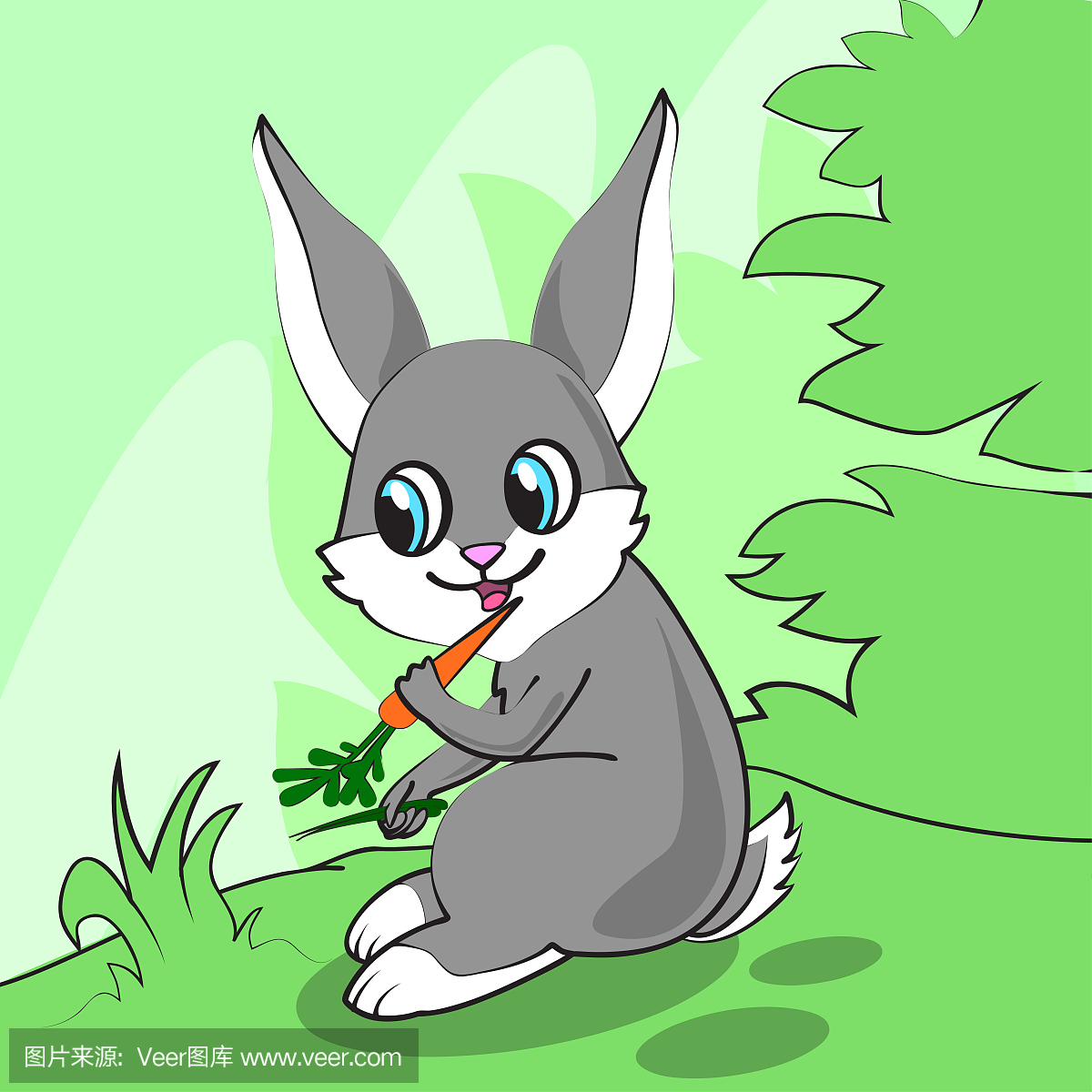 可爱的卡通兔子在草地上吃胡萝卜。向量