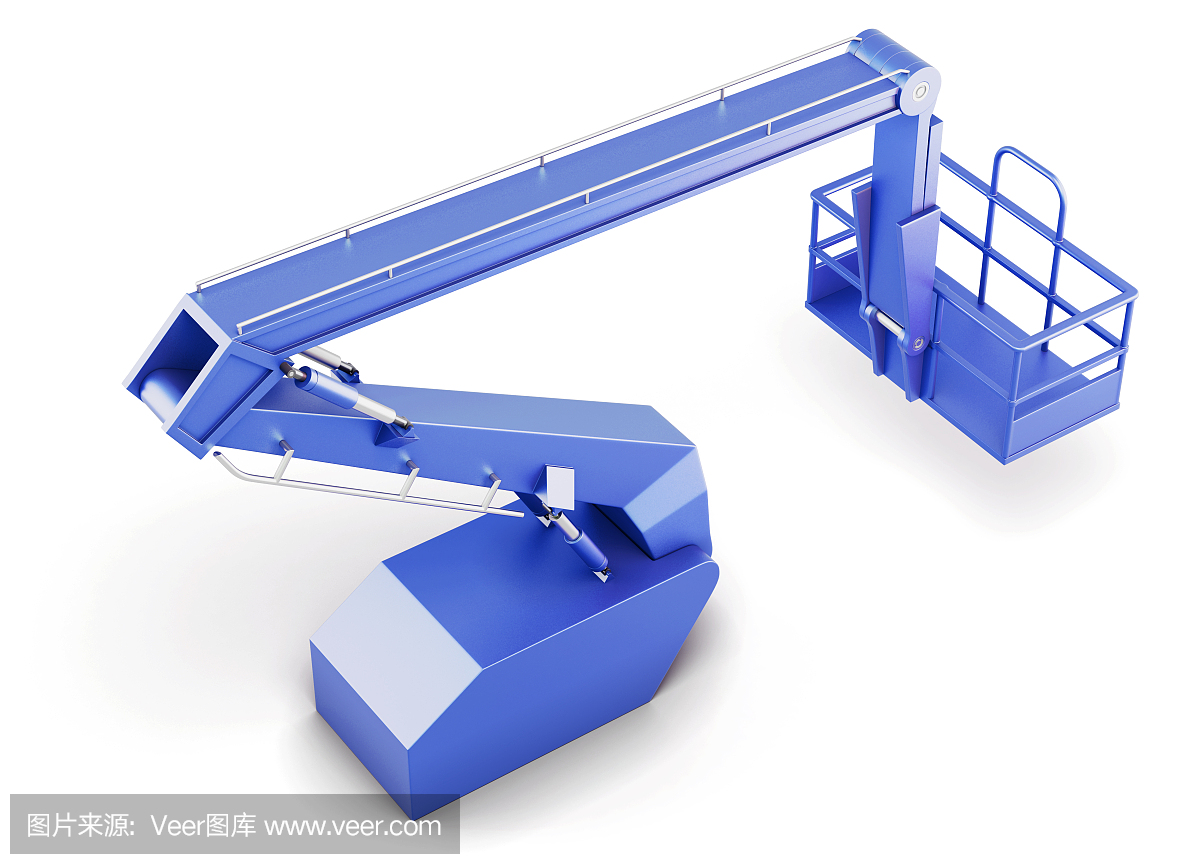 孤立在白色背景上的蓝色樱桃采摘机平台。 3d