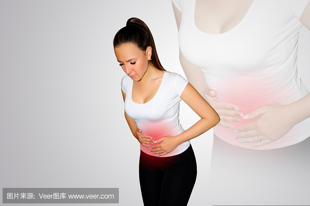 腹痛。一名年轻女子患有腹部疼痛。消化问题。