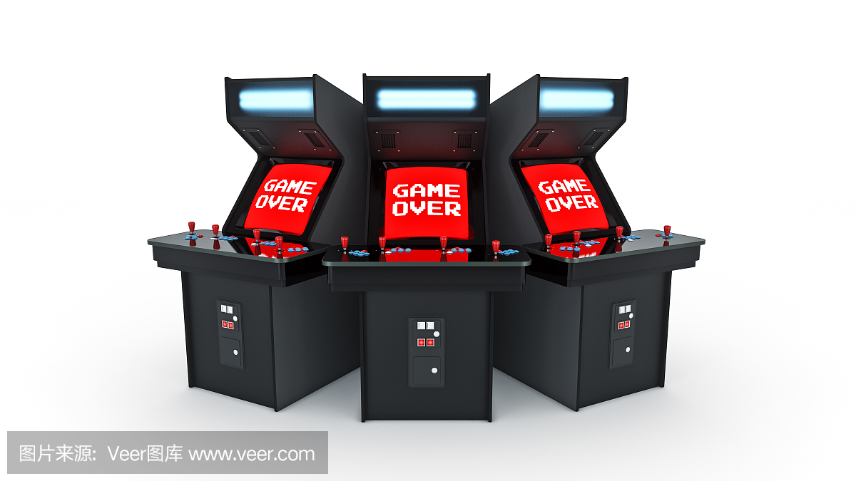 复古街机游戏机概念游戏结束。 3D渲染