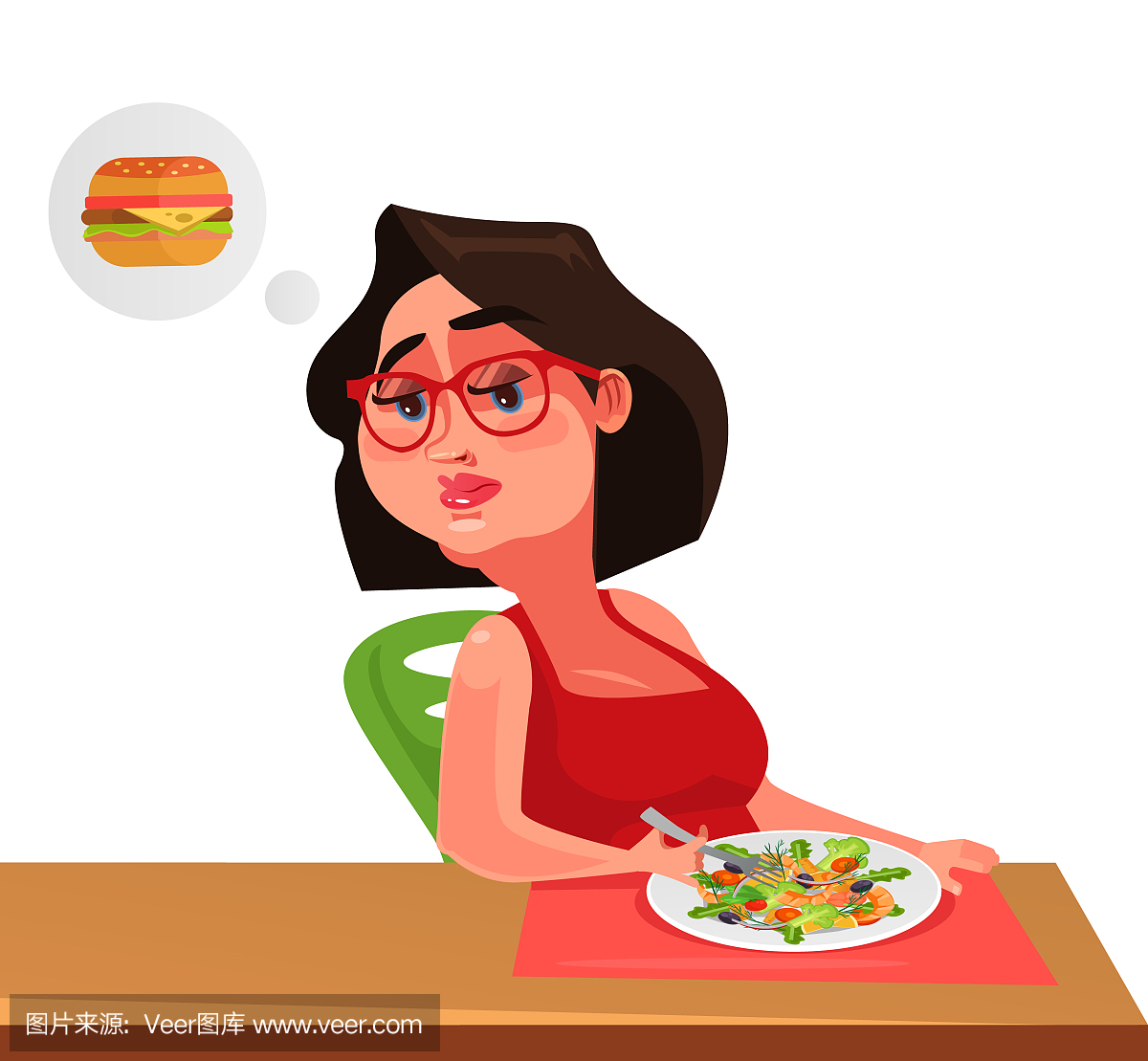 脂肪悲伤不快乐的女人性格吃健康食品海鱼虾沙