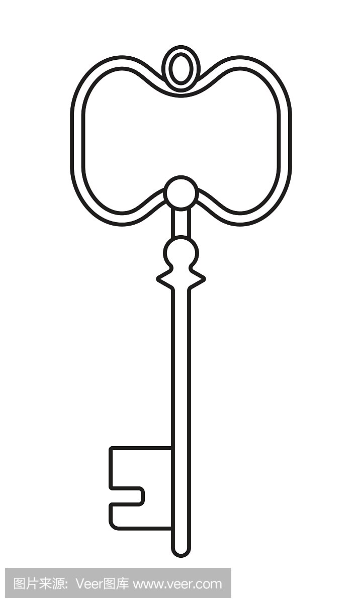 复古古董钥匙,被隔绝在白色背景上的轮廓剪影