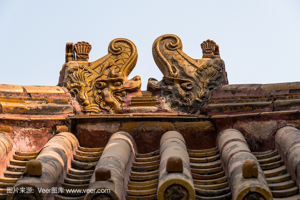 传说中的动物故宫,北京,中国的屋脊上的装饰品