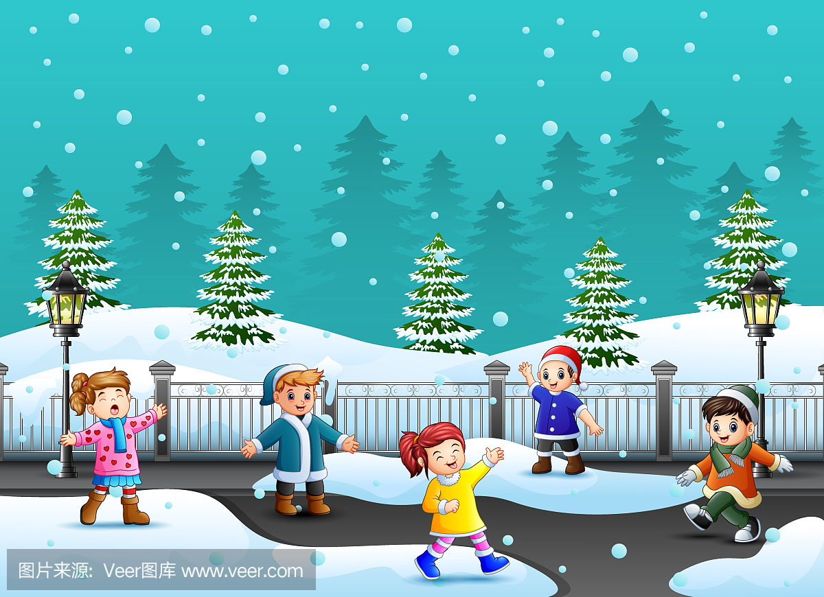卡通小孩在玩雪的花园里玩