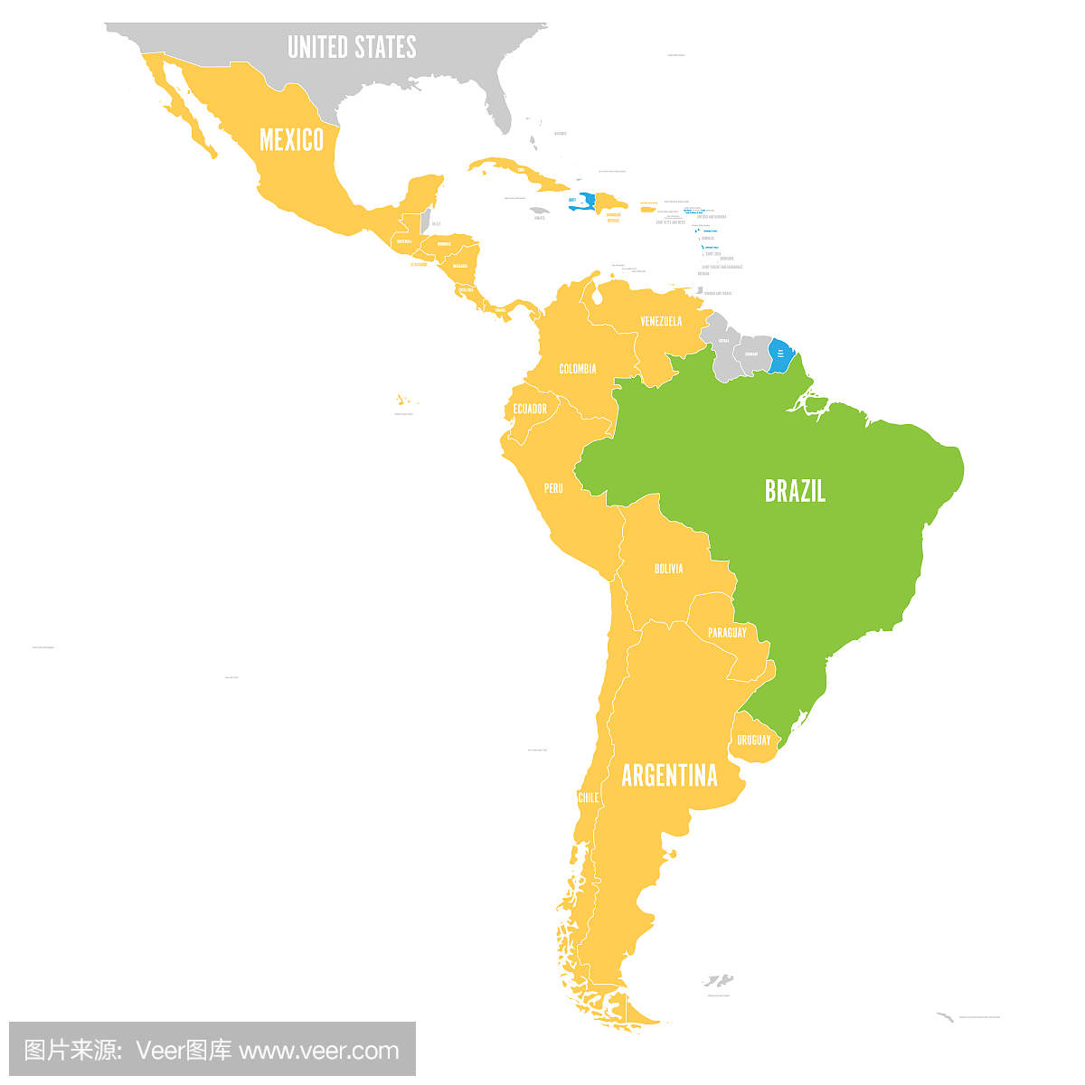 具有不同突出显示的语言组的拉丁美洲矢量地图