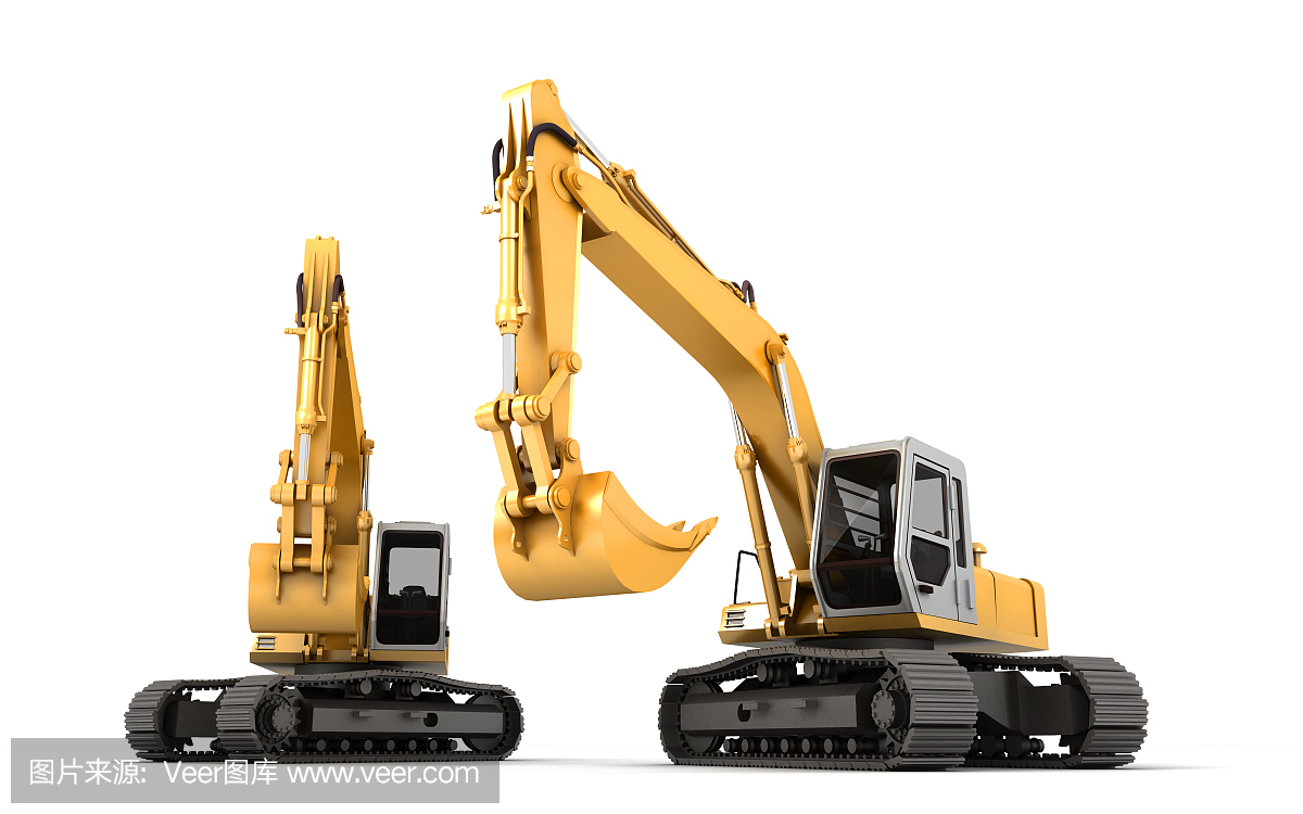 两个液压挖掘机在前台带有水桶的构成。 3d图