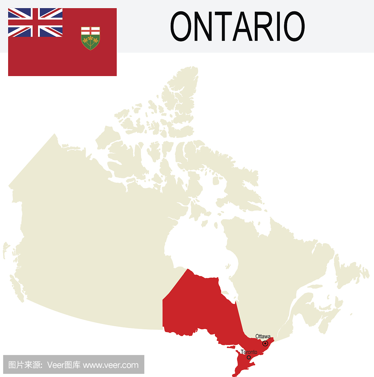 加拿大省:安大略省地图和国旗