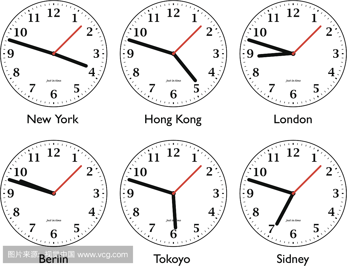 六个不同的时钟显示世界各地的时间