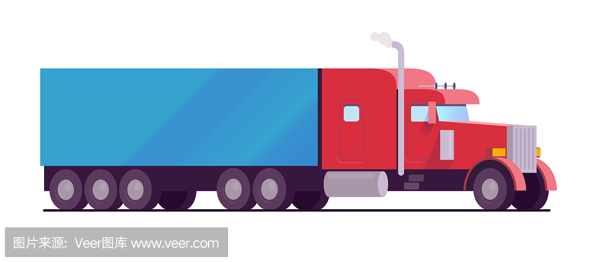 美国钻井平台大卡车红颜色与蓝色拖车货物。交