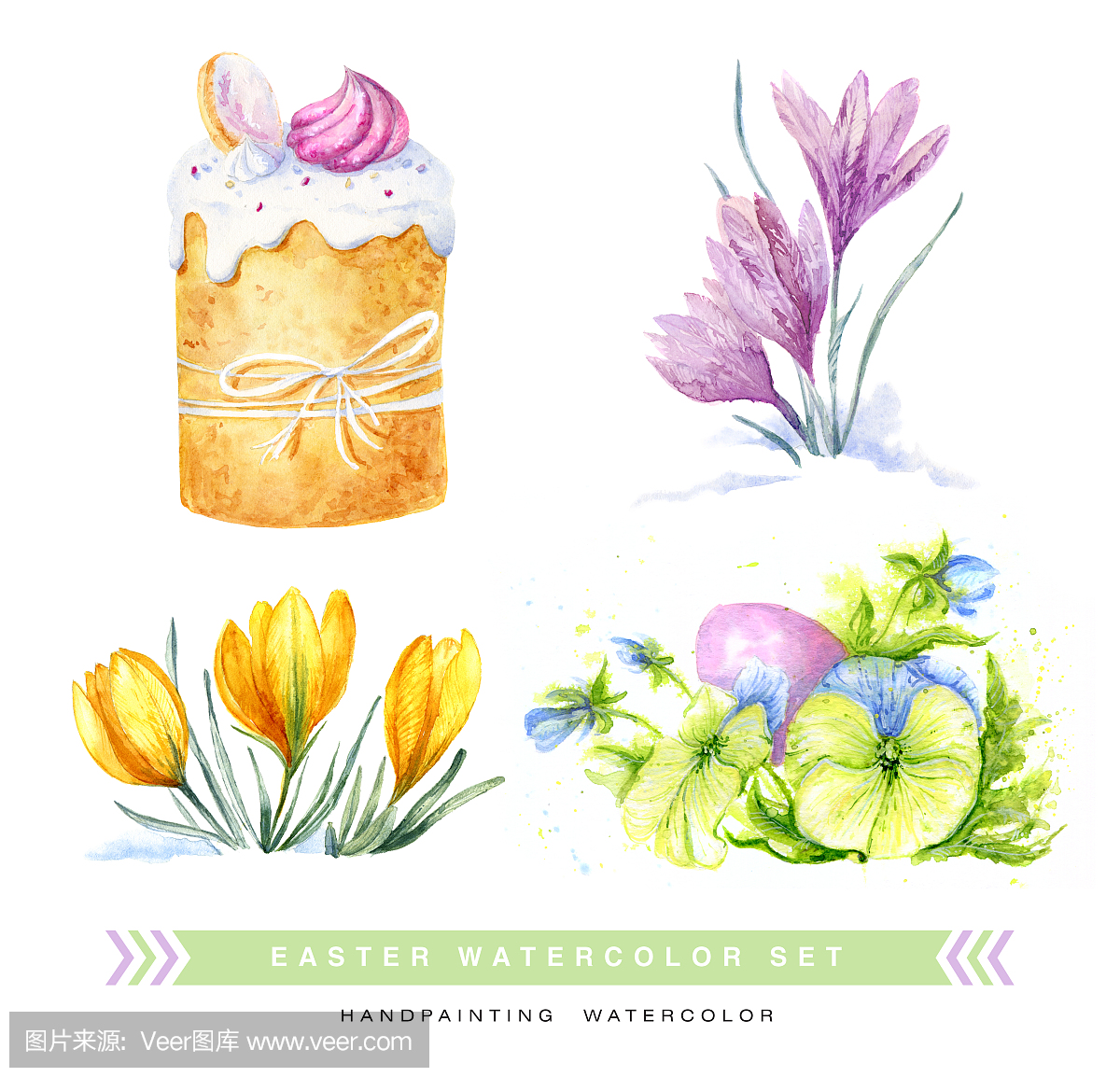 复活节蛋糕和鸡蛋和春天的花朵画水彩画集。蓝
