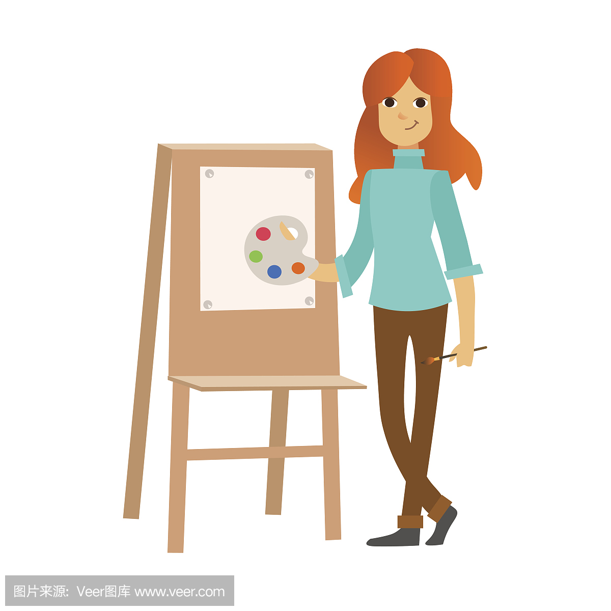 画家女人在工作画廊调色板。向量