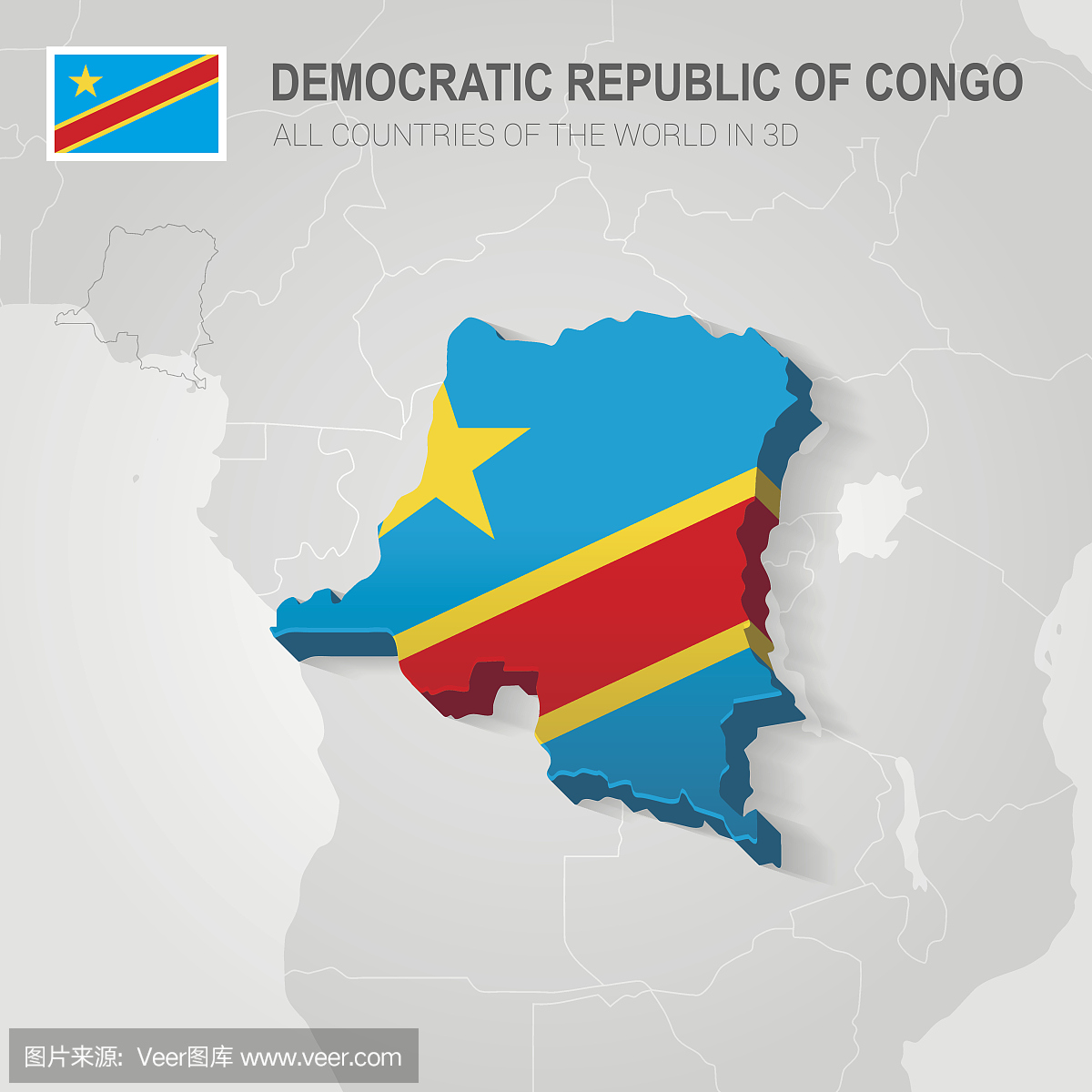刚果民主共和国绘制在灰色地图上。
