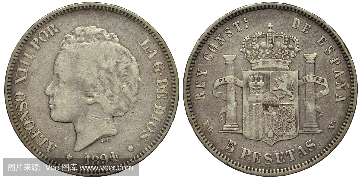 西班牙西班牙银币5个五比塞塔1894年,阿方索