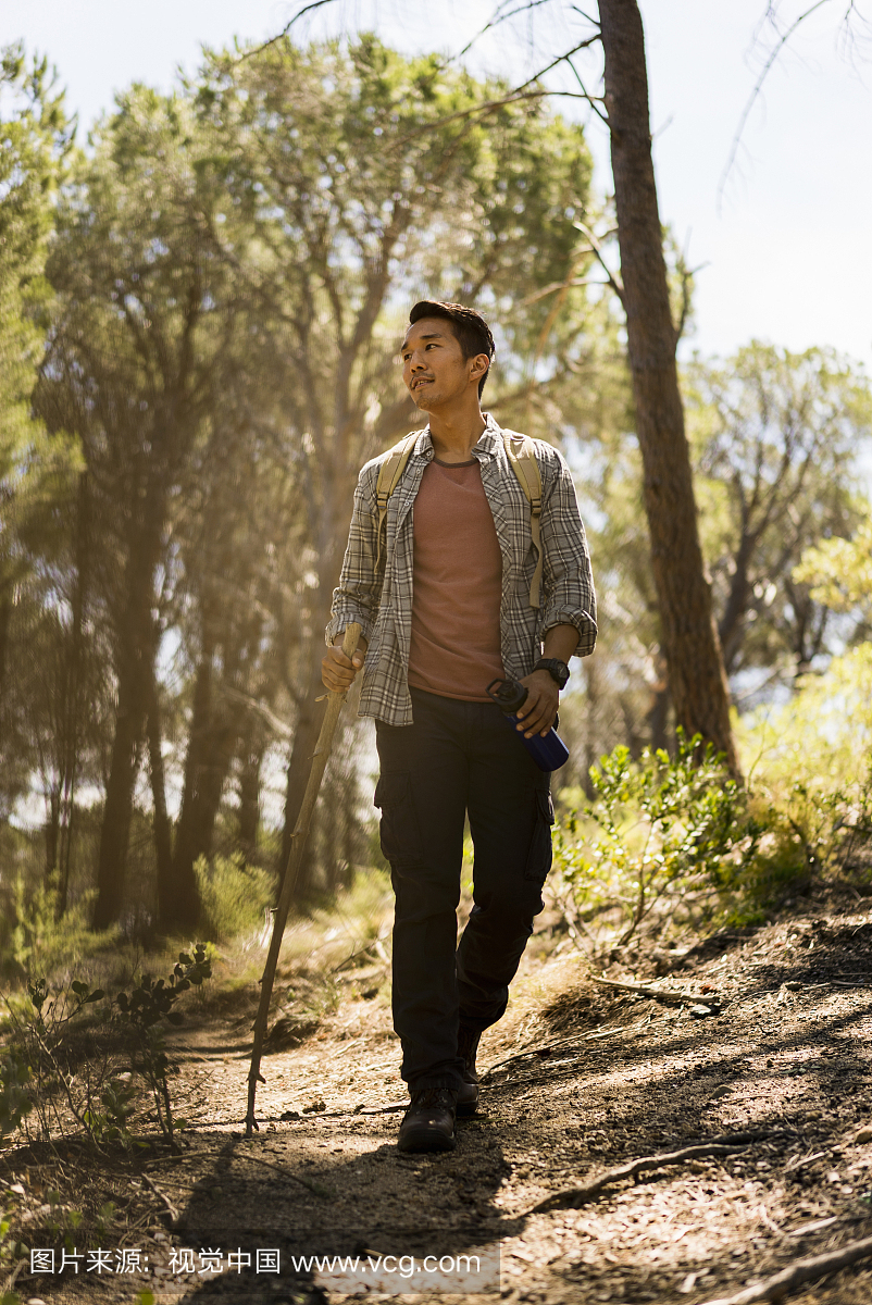 有信心的徒步旅行者在森林的土路上行走