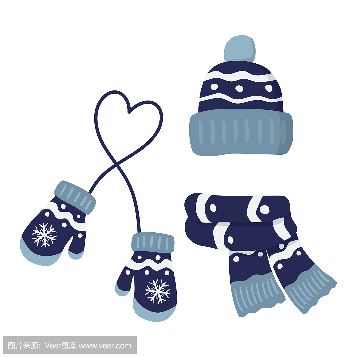 冬季针织手套,帽子和疤痕,设置为蓝色