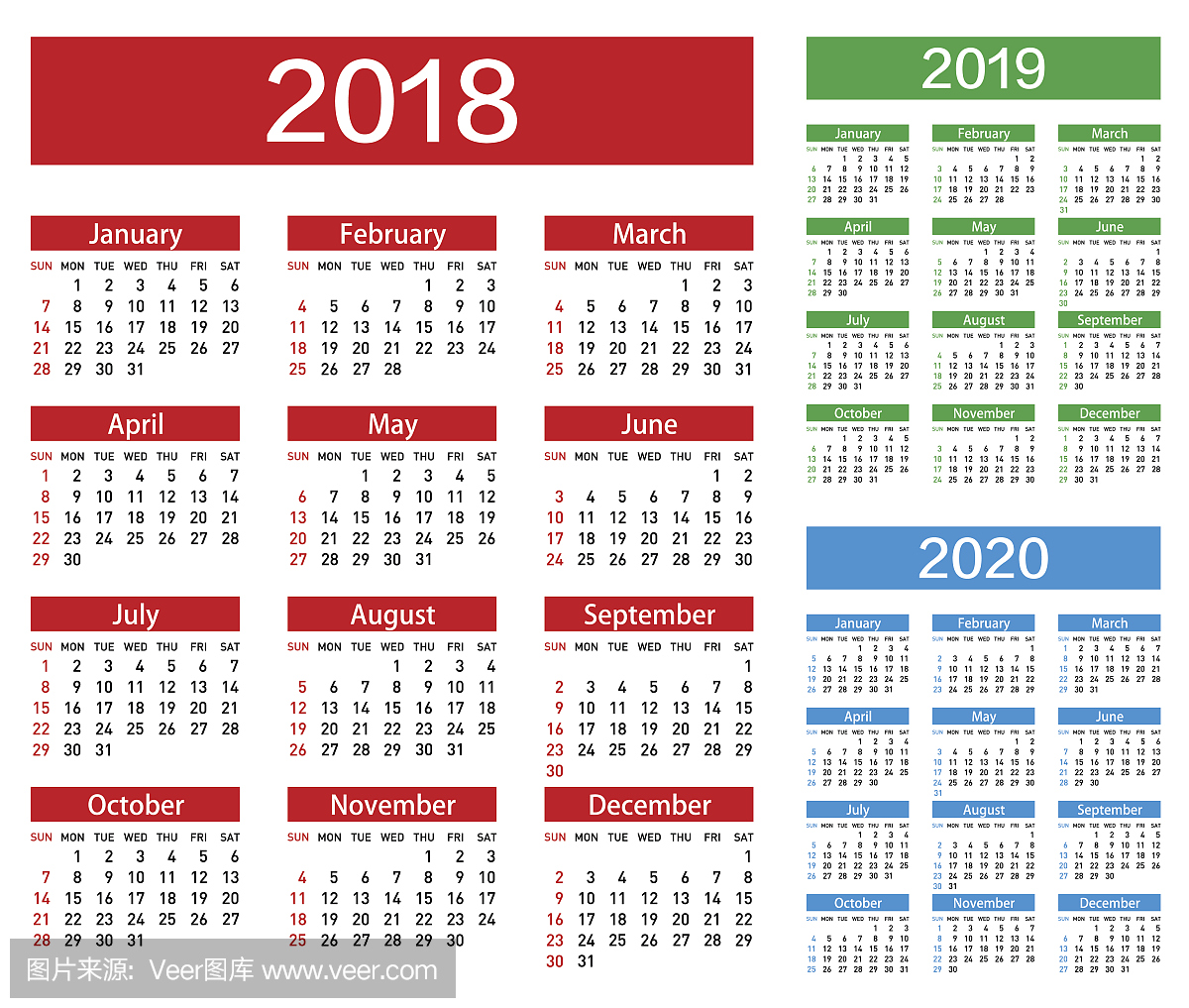 矢量日历2018 2019 2020年