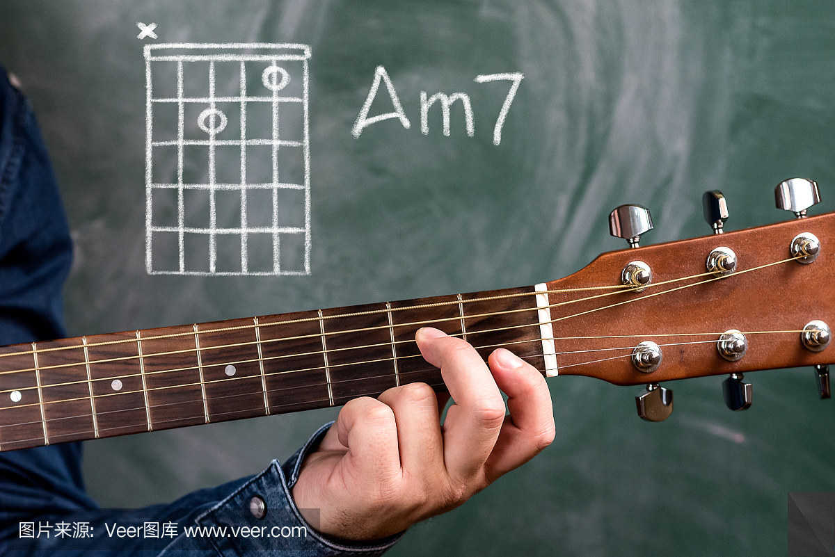 弹吉他和弦的人显示在黑板上,和弦Am7