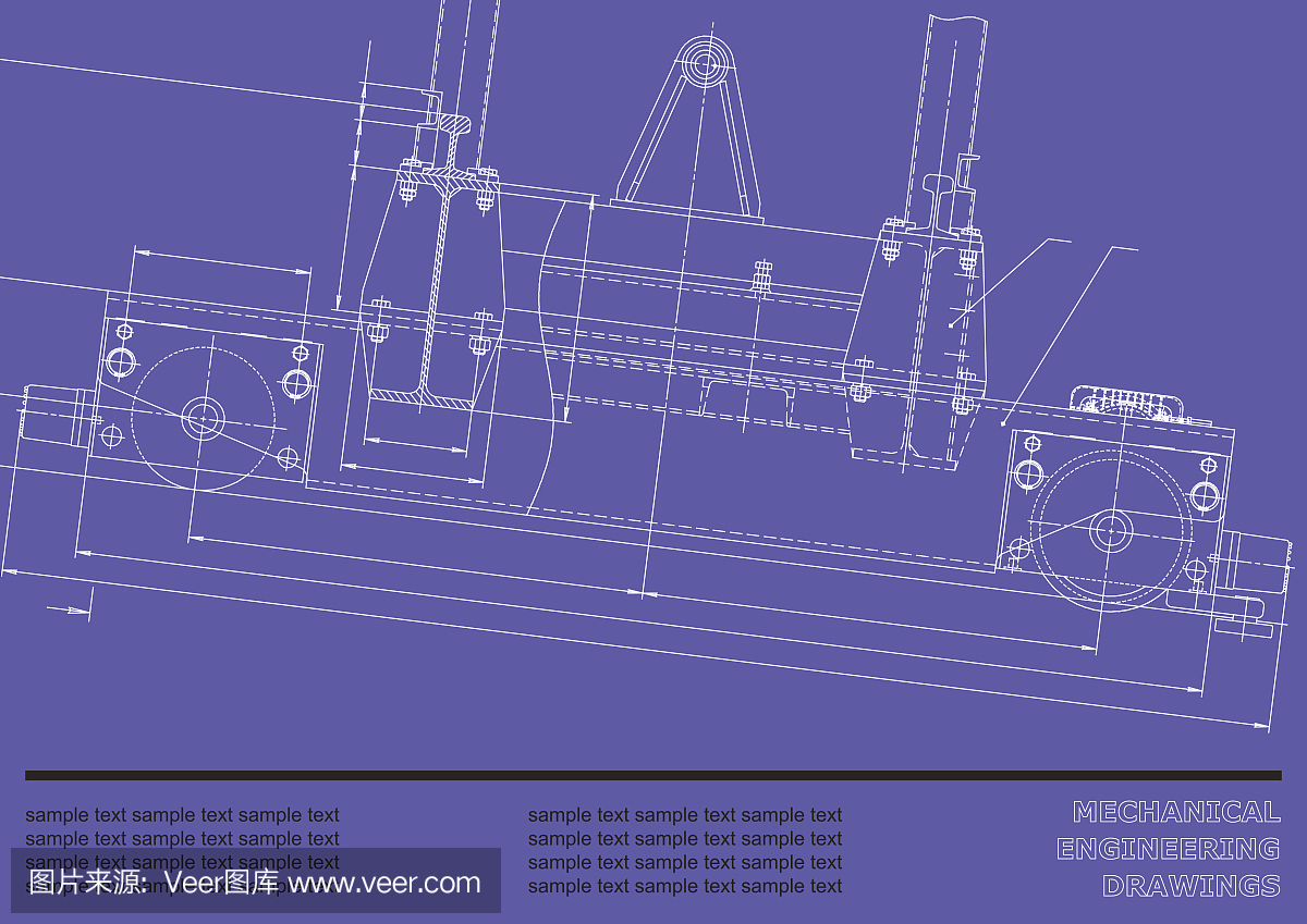 在蓝色背景的机械工程图纸。矢量的铭文