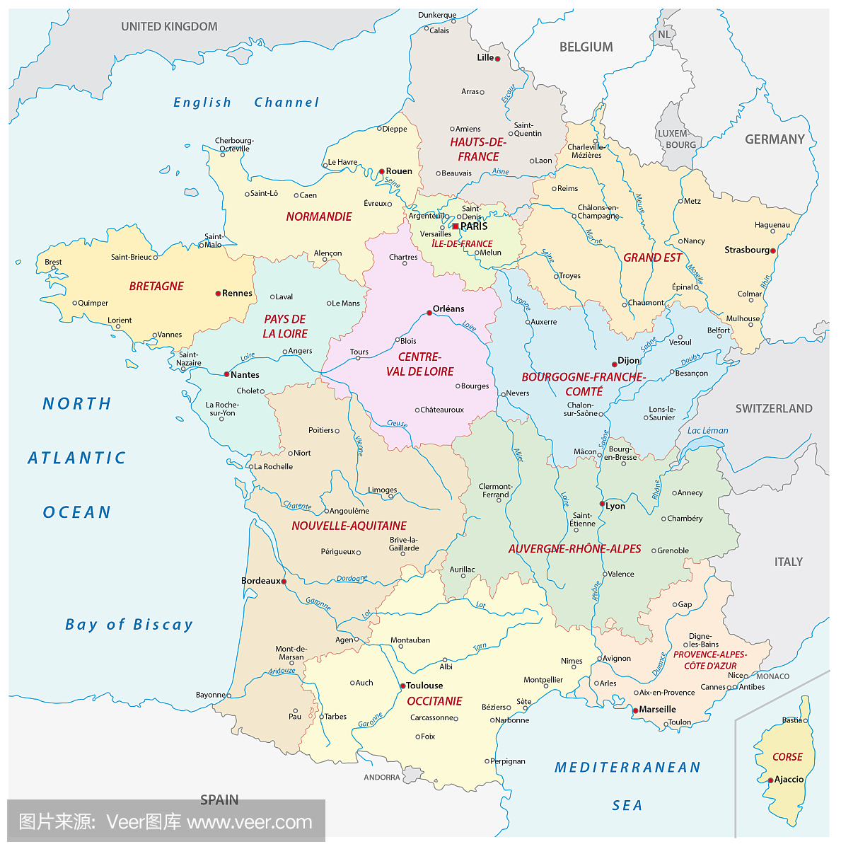 法国地图与新的地区和最重要的城市和河流