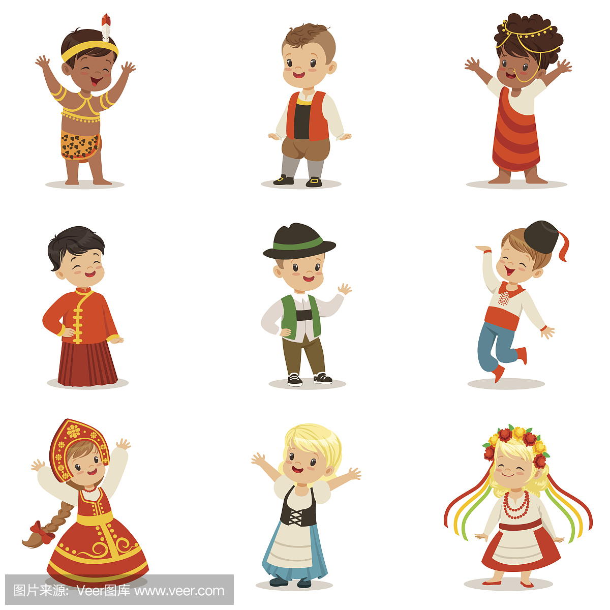 孩子们穿着不同国家的国家服装,可以代表国籍