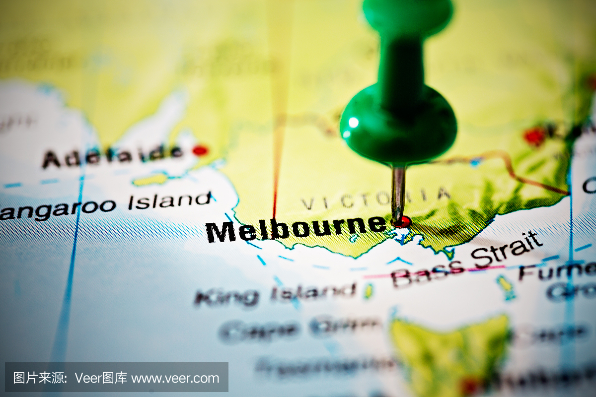 澳大利亚墨尔本在地图上标有绿色图钉
