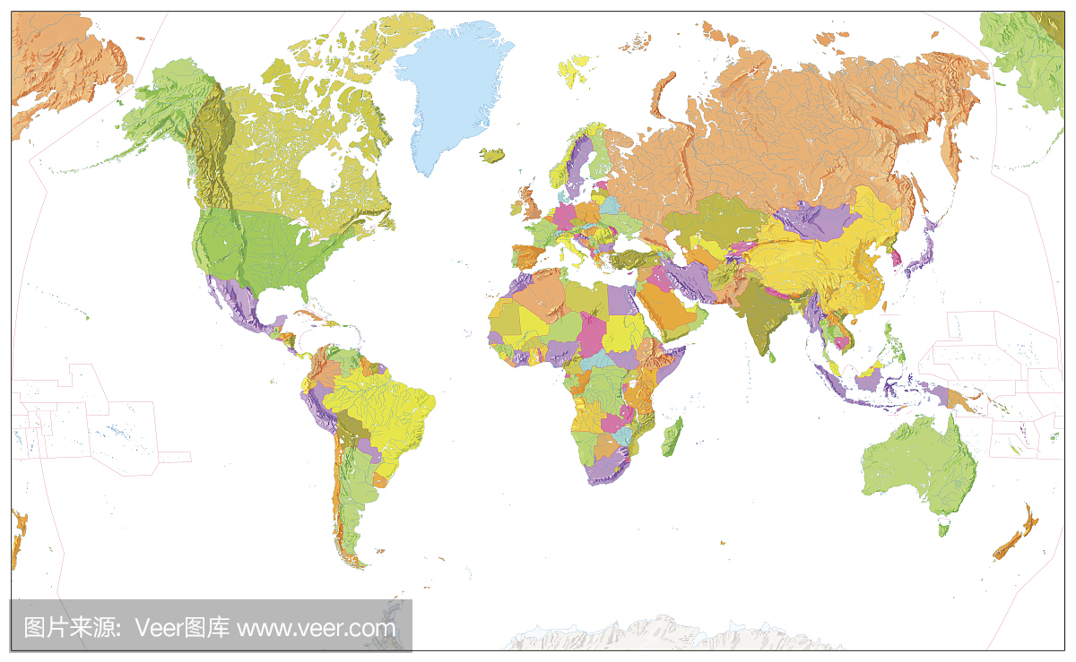 物理世界地图在白色隔绝的政治世界地图的颜色