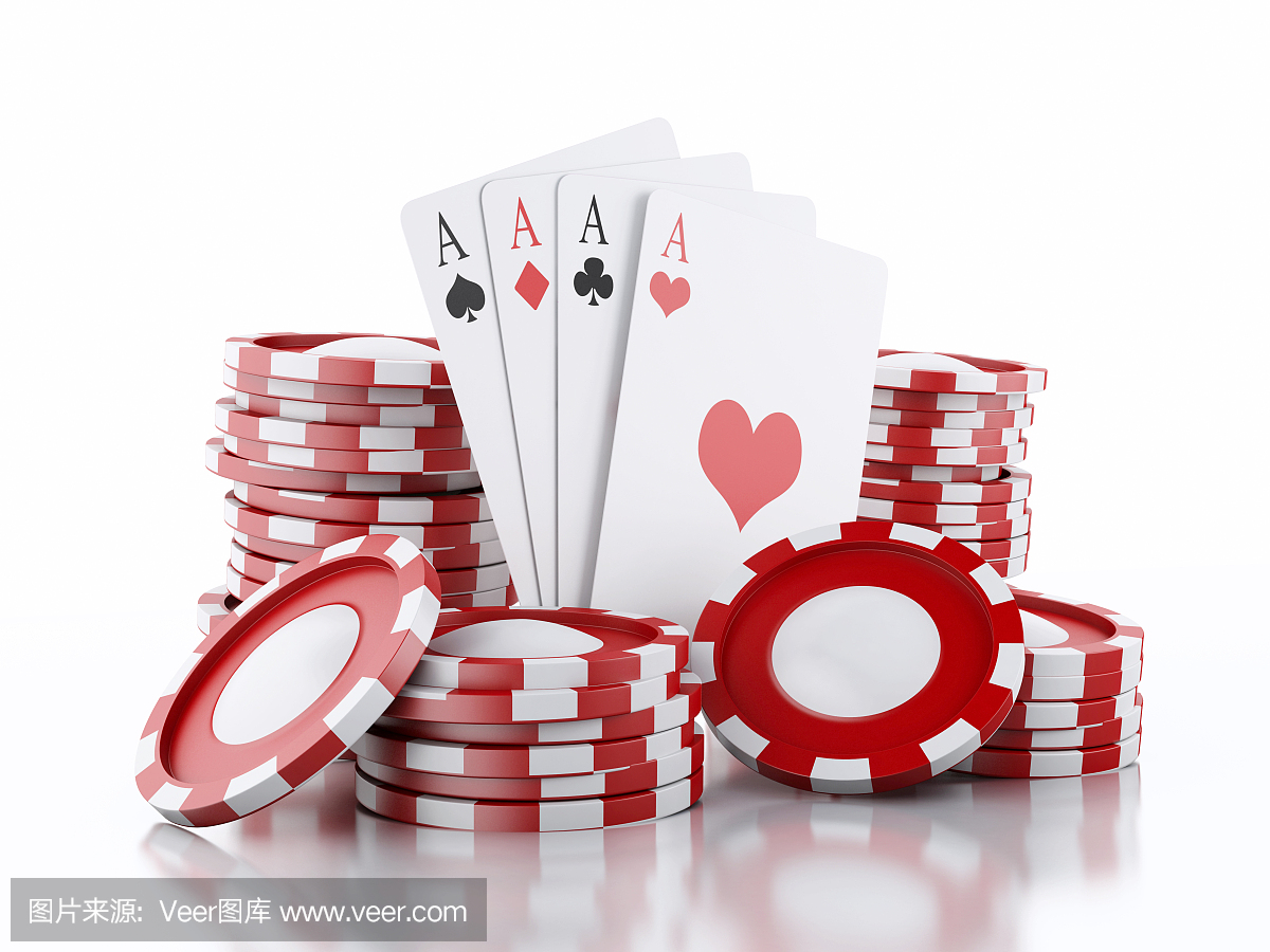 3d赌场令牌和扑克牌。孤立的白色背景