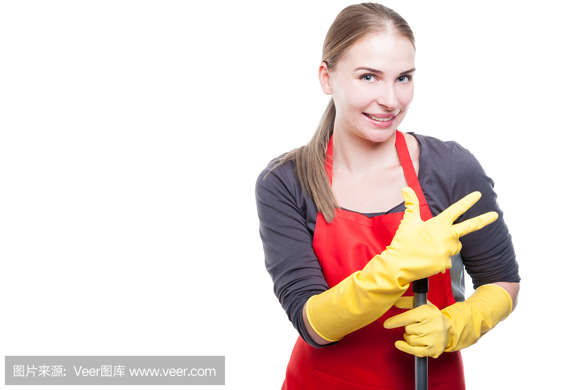 漂亮的房子清洁剂与拖把或扫帚