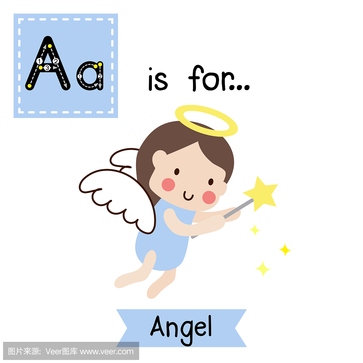 Letter A tracing. Flying Angel with magic wand 