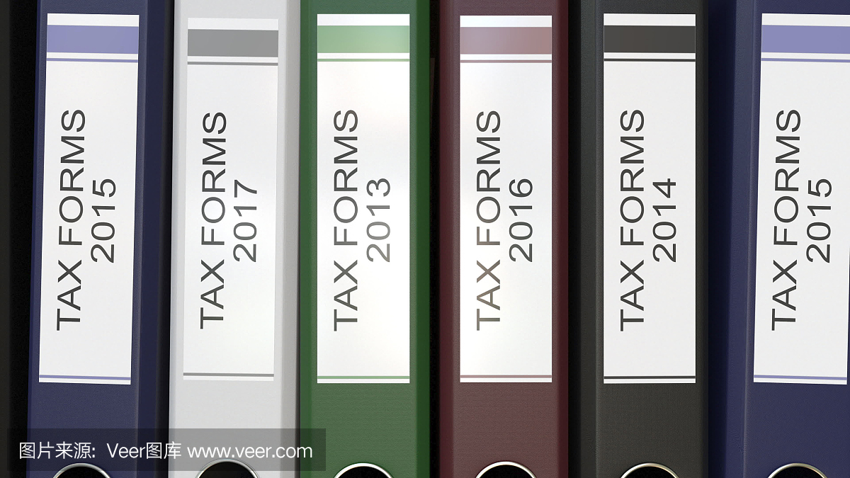 多个办公文件夹与税表格文本标签3D渲染不同