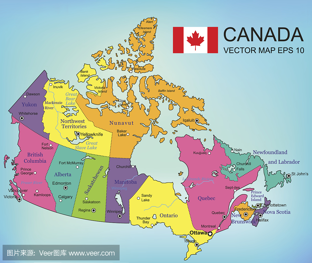 加拿大地图与省份。所有地区都可以选择。向量