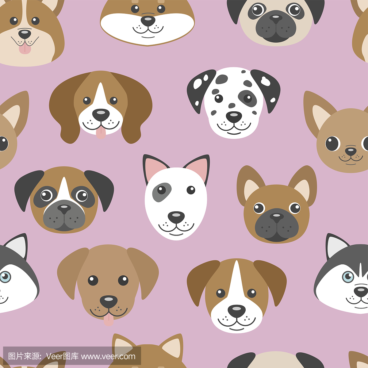 矢量无缝模式与可爱的卡通狗小狗。