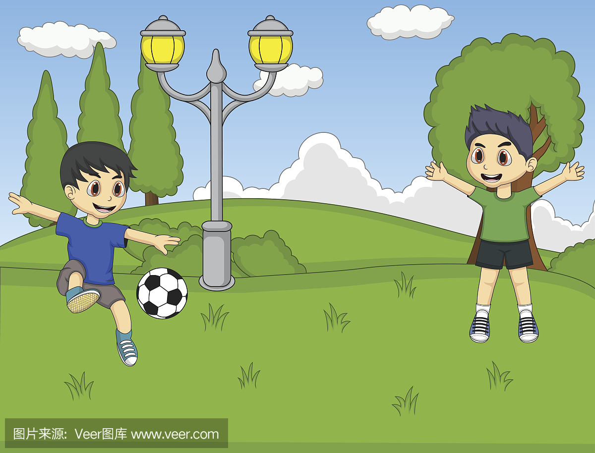 孩子们在公园里玩足球卡通