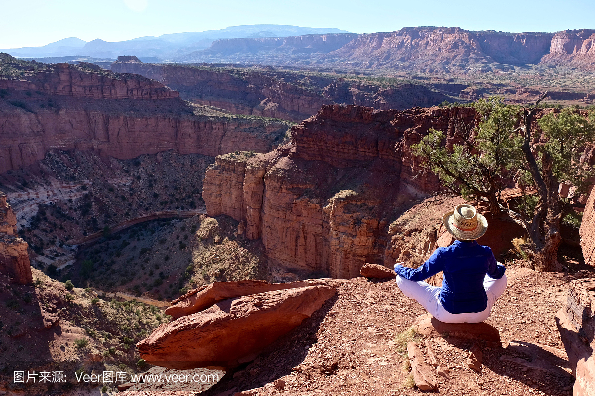 冥想在瑜伽姿势的女人在峡谷的边缘。