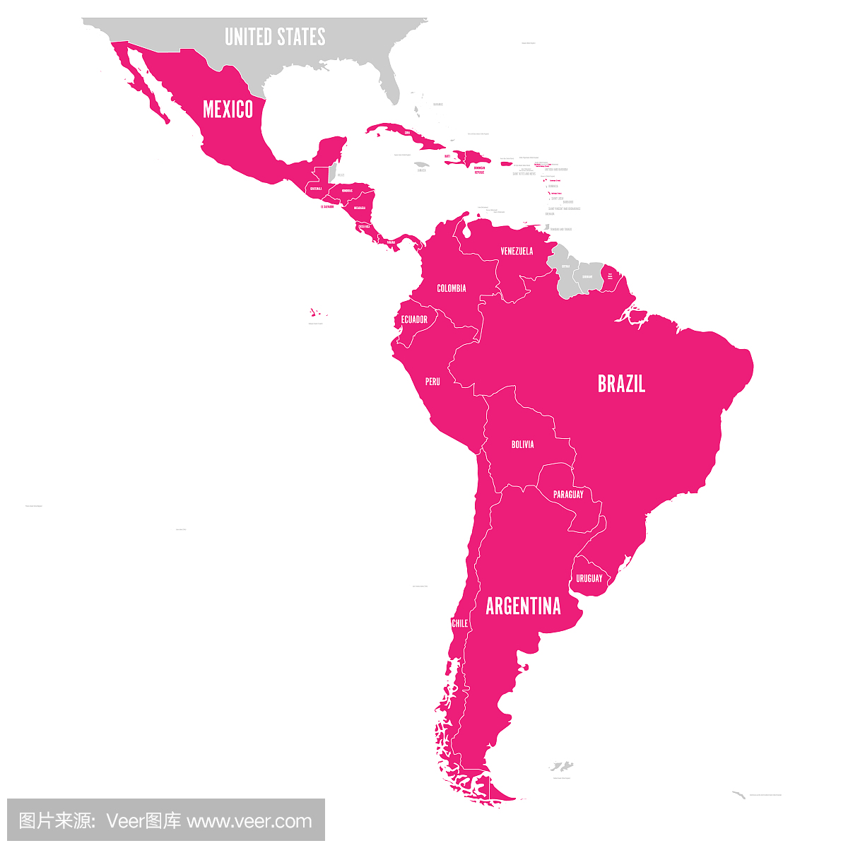 拉丁美洲的政治版图。南美洲,中美洲和加勒比