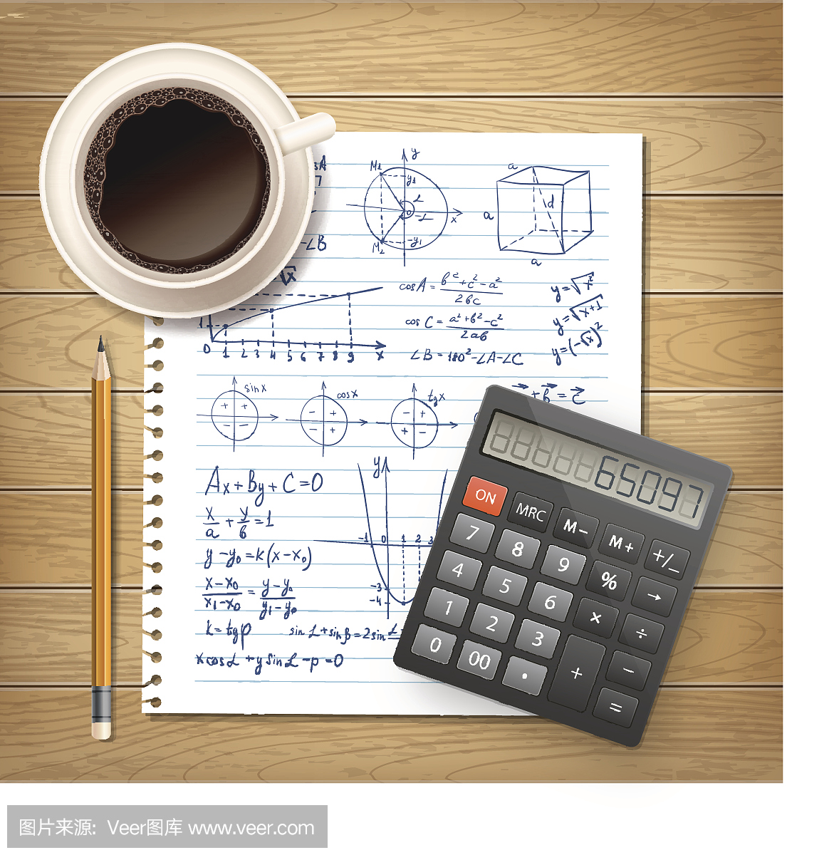 插图与公式,计算器和一杯咖啡