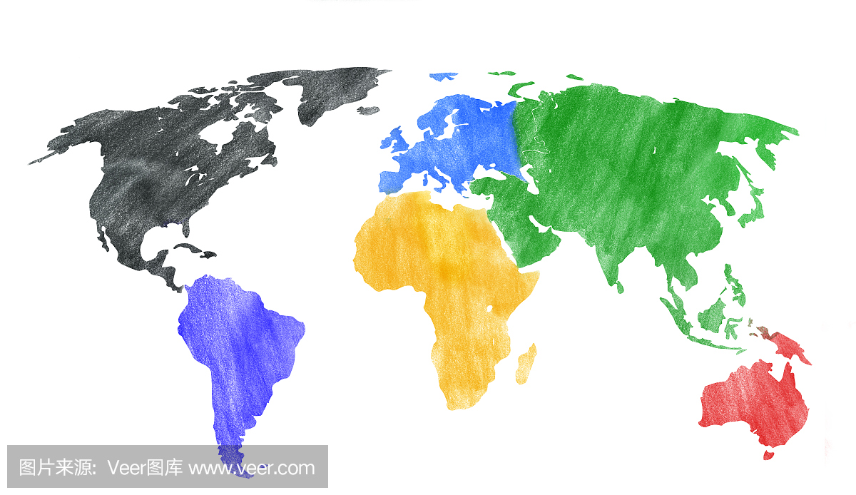用彩色大陆绘制世界地图的手绘外观。